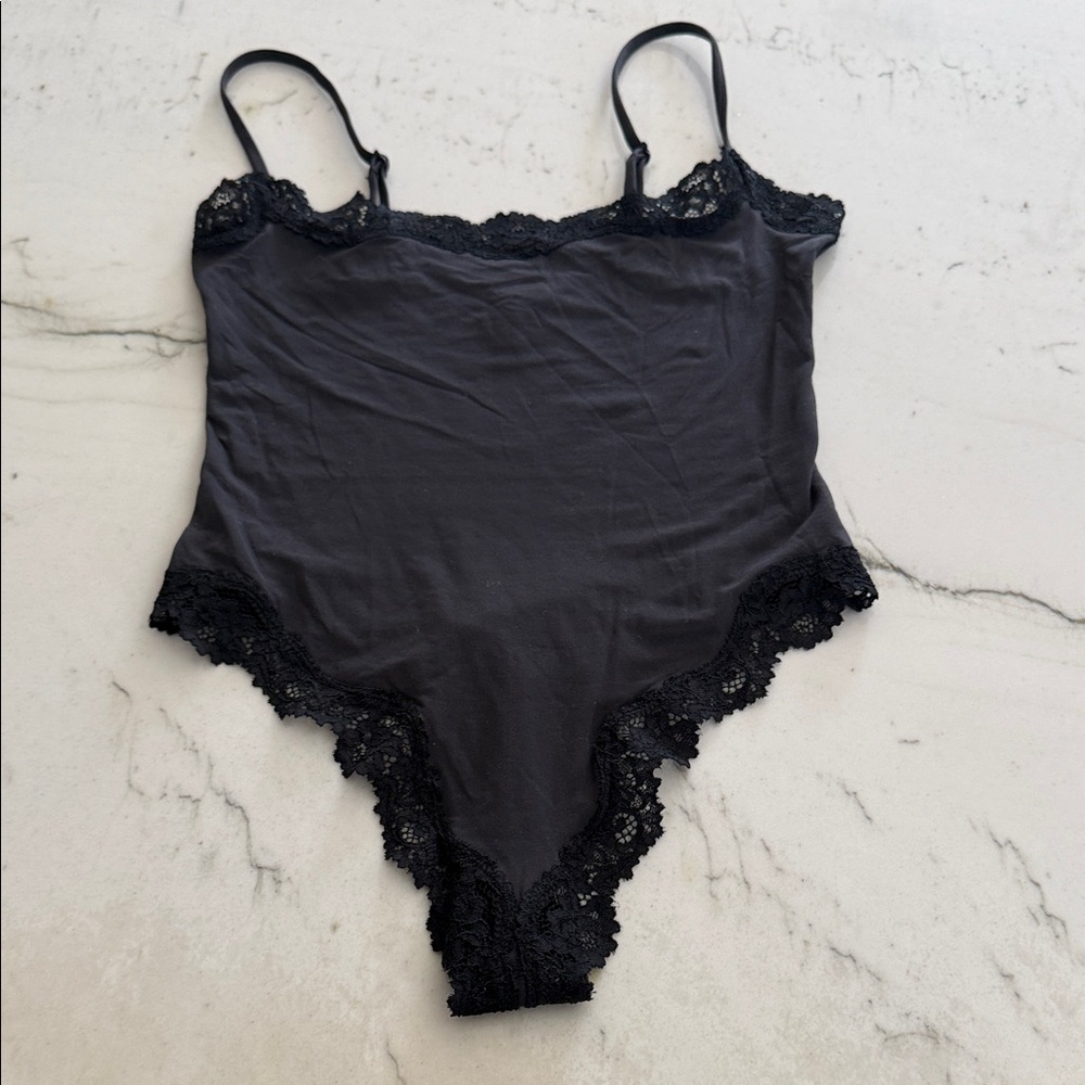 SKIMS Black Lace-Trim Bodysuit